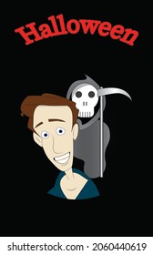Halloween card scared man with reaper in the background