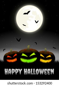 Halloween card with scary pumpkins with moon and bats