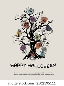 
Halloween card - scary tree in retro style. Freehand drawing, isolate on a white background. Vector