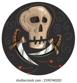 Halloween card. Scull with knifes on a black background.