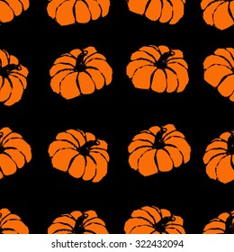 Halloween card seamless pattern with hand-drawn orange pumpkins on black . All isolated.