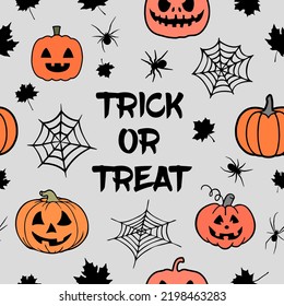 Halloween card or seamless pattern made up of many spiders, cobweb, maple leaves, pumpkins and text Trick or Treat. Endless repeating texture for printing on package, wrapper, envelope, card or cloth.