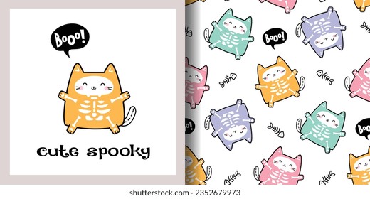 Halloween Card and Seamless Pattern set with Kawaii Cute Skeleton Cat. Hand drawn cute Cat Skull bone skeleton doodle characters Animals Background. Vector Illustration