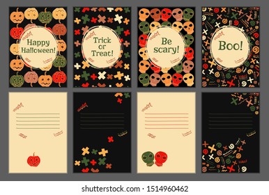 Halloween card set with 4 different hand drawn designes. Invitation or greeting cards with Pumpkin Jacks, crosses, sculls and abstract pattern. Place for text on the back. Vector illustration.