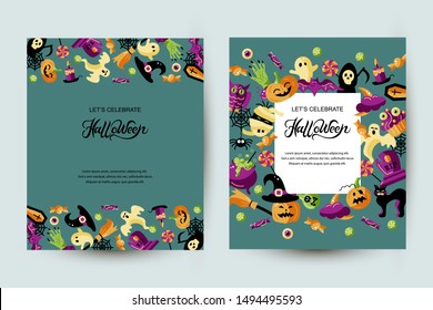 Halloween card set with celebratory subjects. Hand drawn lettering Halloween. Place for text. Flat style vector illustration. Great for party invitation, flyer, greeting card.