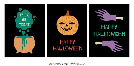 Halloween card set. Festive concept with pumpkin, zombie hand and witch cauldron. Vector illustration for holiday design