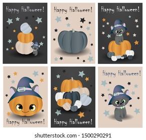 Halloween card set. Holiday greeting cards. Cats, Pumpkins and Ghosts