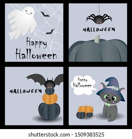 Halloween card set. Holiday greeting cards. Cats, Pumpkins and Ghosts