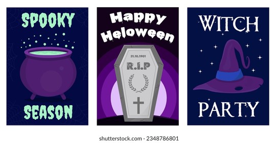 Halloween card set. Spooky postcards for Halloween. Witch's party. Spooky season. Happy Halloween.