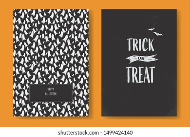 Halloween card set with two holiday postcards with pattern and trick or treat text. Symbol of seasonal holiday, party invitation. Eps10 illustration.