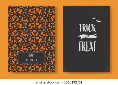 Halloween card set with two holiday postcards with pattern and trick or treat text. Symbol of seasonal holiday, party invitation. Eps10 illustration.