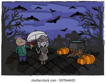 Halloween card. Shy cat standing under an umbrella. Cat gives flowers pussycat. Eerie cemetery with pumpkins, bats. Brewed in the cauldron witches potion.
