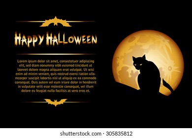 Halloween card with a silhouette of an evil cat in the background of the moon