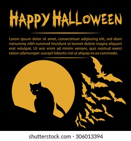 Halloween card with a silhouette of an evil cat in the background of the moon and the bats