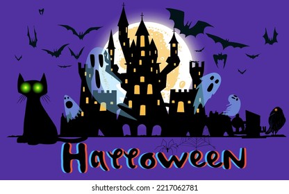 Halloween card with a silhouette of a gothic castle with flying ghosts, bats and a cat. Vector illustration of a scary cemetery house with shining windows. Mystical stock image for All Saints Day.