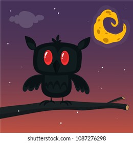 Halloween card, silhouette of owl with large eyes sitting on a branch against a full moon and starry night sky