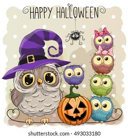 Halloween card with six owls and pumpkin