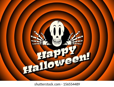 Halloween card with skeleton and movie ending background