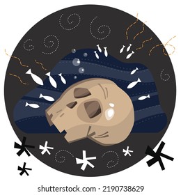 Halloween card. The skull lies underwater and small fish look at it. White fishes, spirals, waves, stars on a black background.