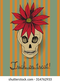 Halloween card with a skull and red flower. Vector illustration for graphic design.