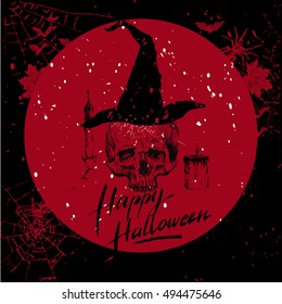 Halloween Card with skulls pumpkins autumn leaves bats spiders textured hand drawn