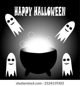 Halloween card with smiling ghosts and witch's potion on dark background