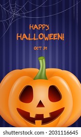 Halloween card with smiling happy pumpkin on the blue wall background