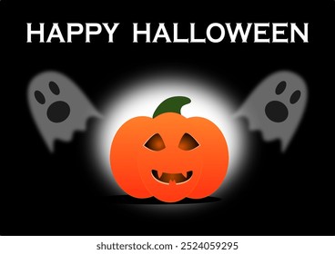 Halloween-Karte mit lächelndem Kürbis und Geistern auf dunklem Hintergrund