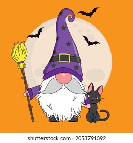 Halloween card. Sorcerer with broom and black cat