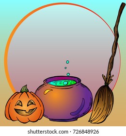 Halloween card with space for text - pumpkin jack o lantern, purple iron cauldron with boiling green potion, broom witch cartoon. Vector illustration. Perfect for invitations, greeting cards.