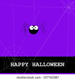 halloween card with spider with big eyes hanging on the web on a purple background