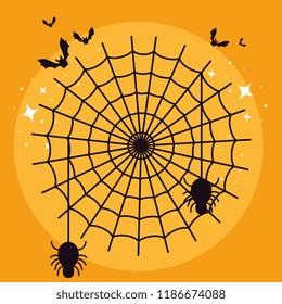 halloween card with spider web and bats flying
