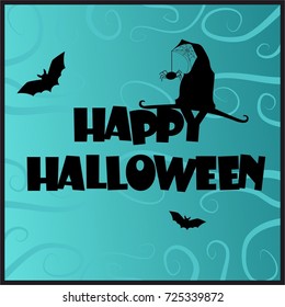 Halloween card. Spiderweb. Happy Halloween handwritten text. Isolated on blue background. Vector design.