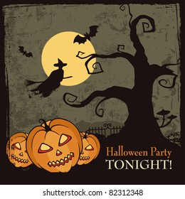 Halloween card with spooky pumpkins, creepy tree, witch, bats and the moon