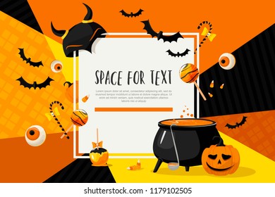 Halloween card with square frame and cartoon holiday icons on modern geometric background. 