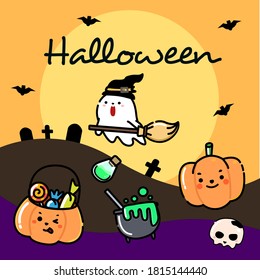 Halloween card with square frame .cute cartoon  flat design holiday background. Vector illustration. Orange,brownand purple theme.