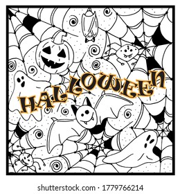 Halloween card with square frame and doodle style holiday illustrations - sideweb, spider, pumpkin, bat and ghost. Isolated on white background. Coloring page.