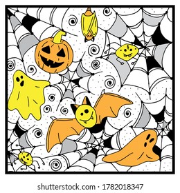 Halloween card with square frame and doodle style holiday illustrations - sideweb, spider, pumpkin, bat and ghost. Isolated on white background. 