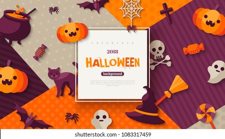 Halloween card with square frame and flat holiday icons on modern geometric background. Vector illustration. Place for your text.