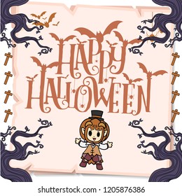 Halloween card with square frame and flat holiday icons on modern geometric background. Vector illustration. with copy space for text.