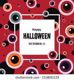 Halloween card with square frame and flat holiday icons on modern geometric background. Vector illustration. Place for your text. Stylish background, banner, print.