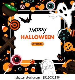 Halloween card with square frame and flat holiday icons on modern geometric background. Vector illustration. Place for your text. Stylish background, banner, print.