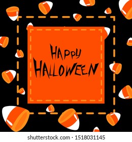 Halloween card with square frame and flat holiday icons on modern geometric background. Vector illustration. Place for your text. Stylish background, banner, print.