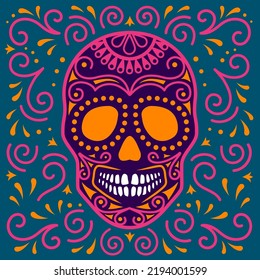 Halloween card with sugar skull. Day of the dead holiday symbols. Calavera design. Colorful concept for poster or print.