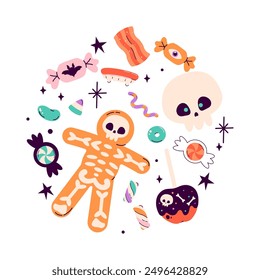 Halloween card with sweets, skeleton. Happy Halloween, Halloween for kids. Vector illustration in flat style 