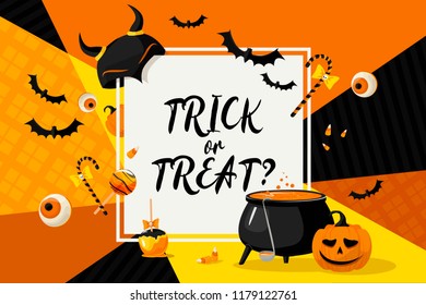 Halloween card with tagline "trik or treat?"  and cartoon holiday icons on modern geometric background. 