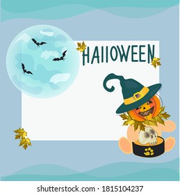 Halloween card with teddy bear pumpkin in witch hat with moon and bats in background. Vector design with blue background, autumn leaves and place for text.