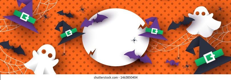 Halloween card template, autumn season papercut craft decoration with empty white paper background. Scary trick or treat cutout icons include pumpkin, bat, spider and witch hat.