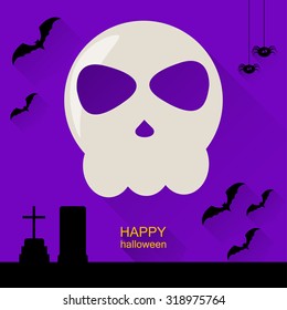 Halloween card template background with skull, graveyard and bats with long shadows isolated on bright purple cover for use in design for card, invitation, poster, banner, placard, billboard 