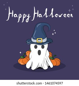 Halloween card template. Cartoon style vector. Halloween postcard. Ghost, pumpkin. Lettering. Violet background